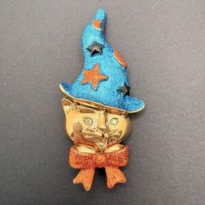 Vintage Kirks Folly Halloween Cat Witch Brooch Glitter Crystal Eyes Gold Tone